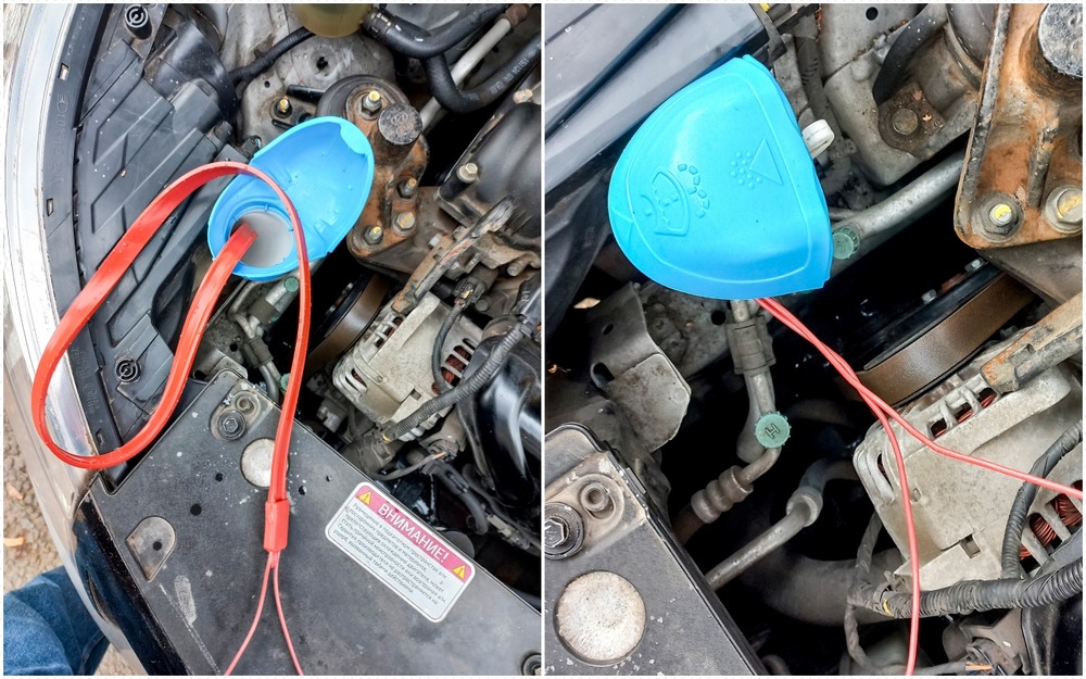 «Разверстая пасть» бачка омывателя Kia Rio свободно поглощает два метра силиконовой греющей ленты. Причем жидкости она вытесняет совсем немного - около 200 мл. Заливке омывайки провода не мешают.