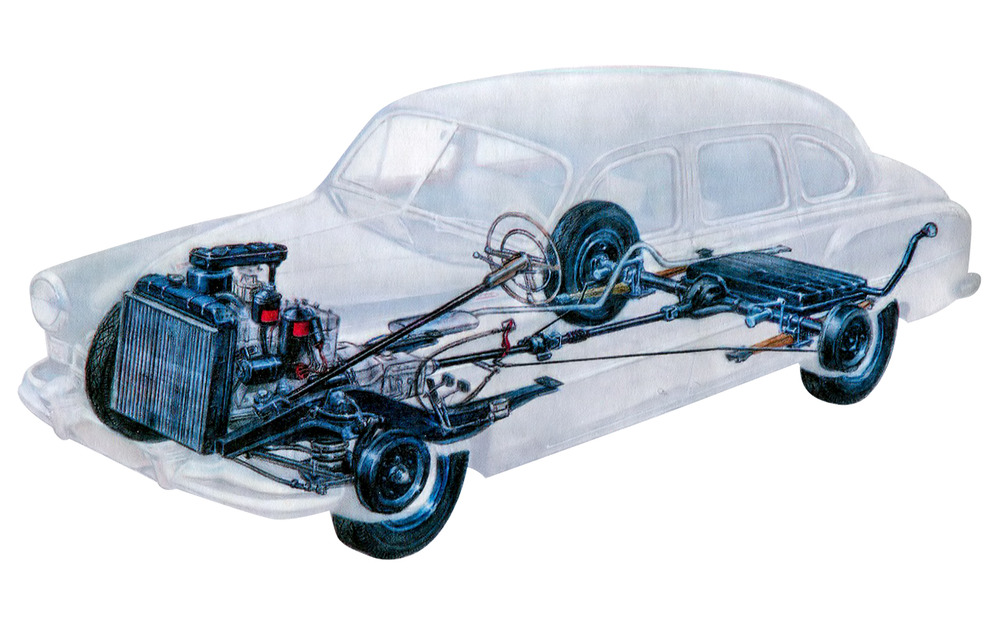 Важная особенность ГАЗ‑12 - несущий кузов. По сути, аналогов со столь длинной базой и без рамы у советского седана не было. Тем не менее, масса немного выше, чем у одноклассников.